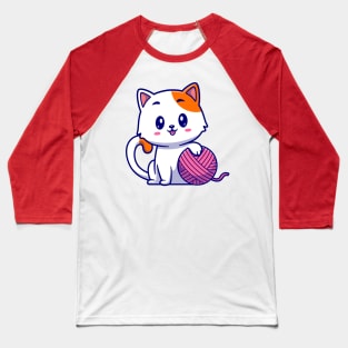 Cute Cat Playing Yarn Ball Cartoon Baseball T-Shirt